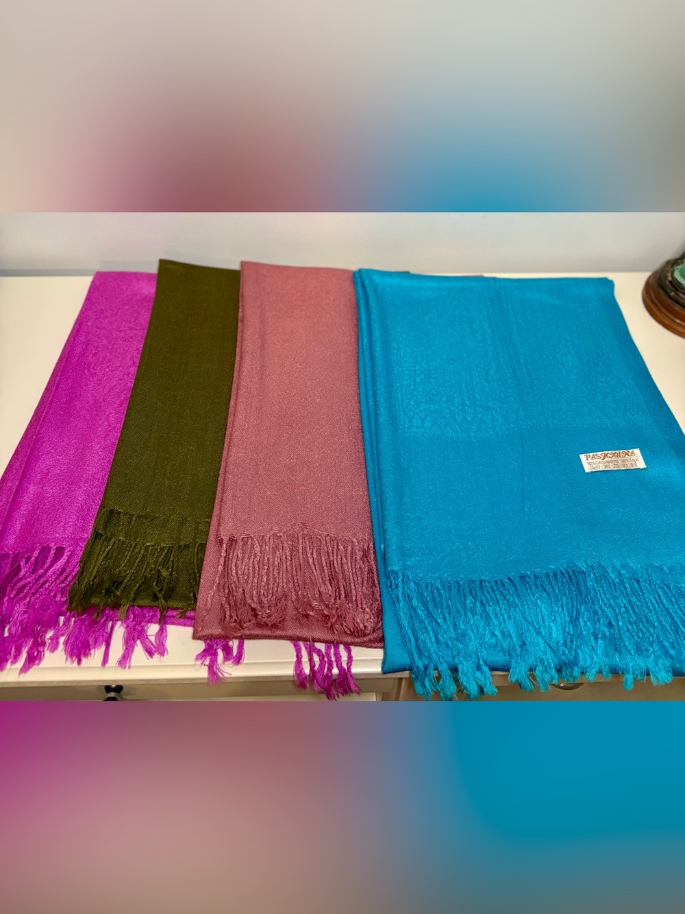 pashmina Teal, Rose, and Olive Fringed Wrap Trio